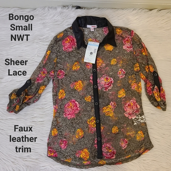 BONGO Tops - Bongo Floral Lace Top w/ faux Leather Trim- Small- NWT